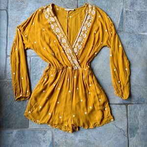 Chloe & Katie Boho Mustard Yellow Embroidered Romper - Size Medium
